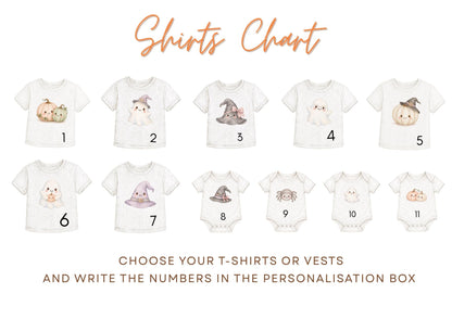 a collection of t-shirts or vests with various Halloween-themed designs, including ghost, pumpkin, witch, spider, and other spooky or festive motifs.