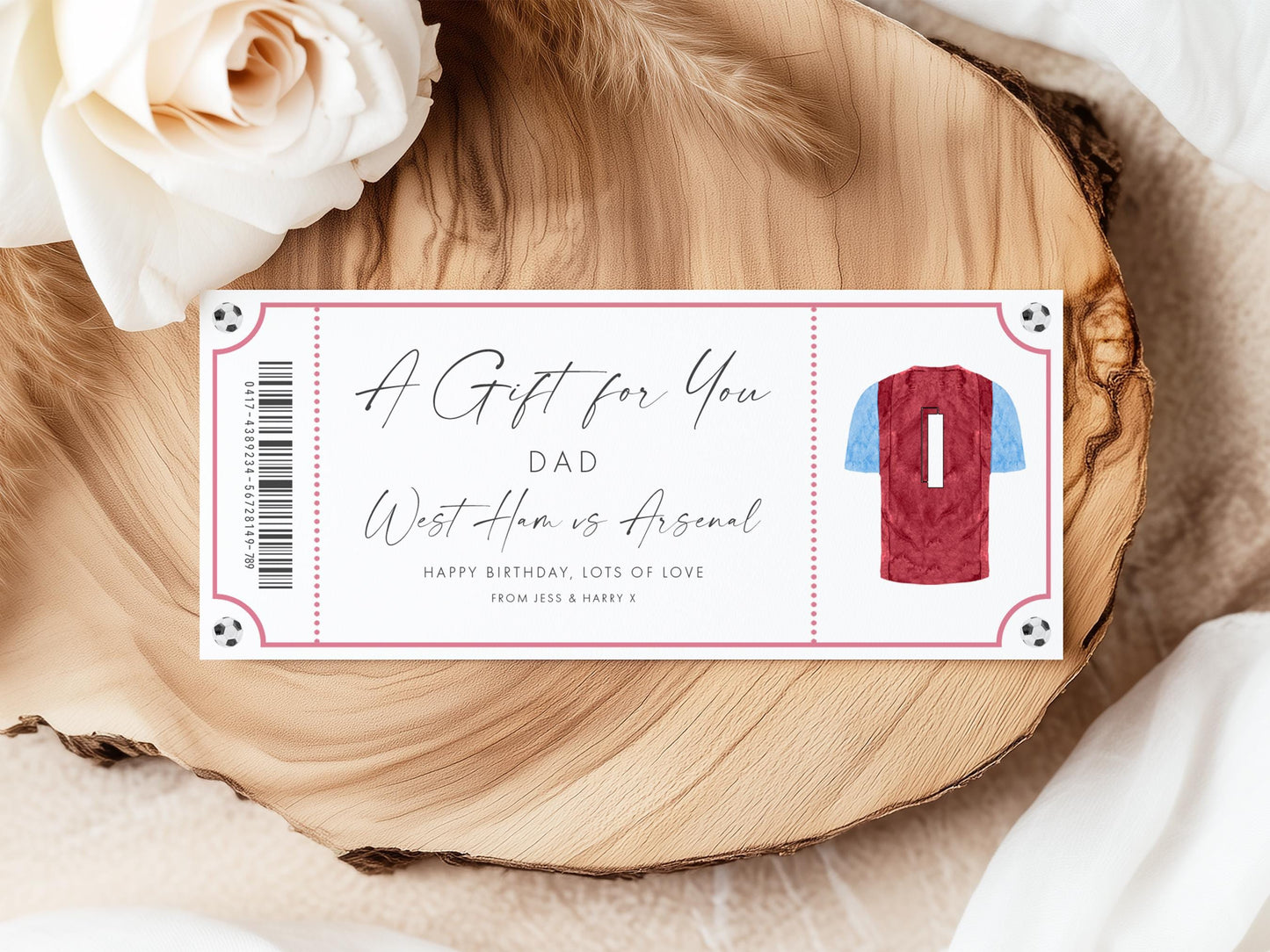 a wooden slice with a red and blue shirt on it