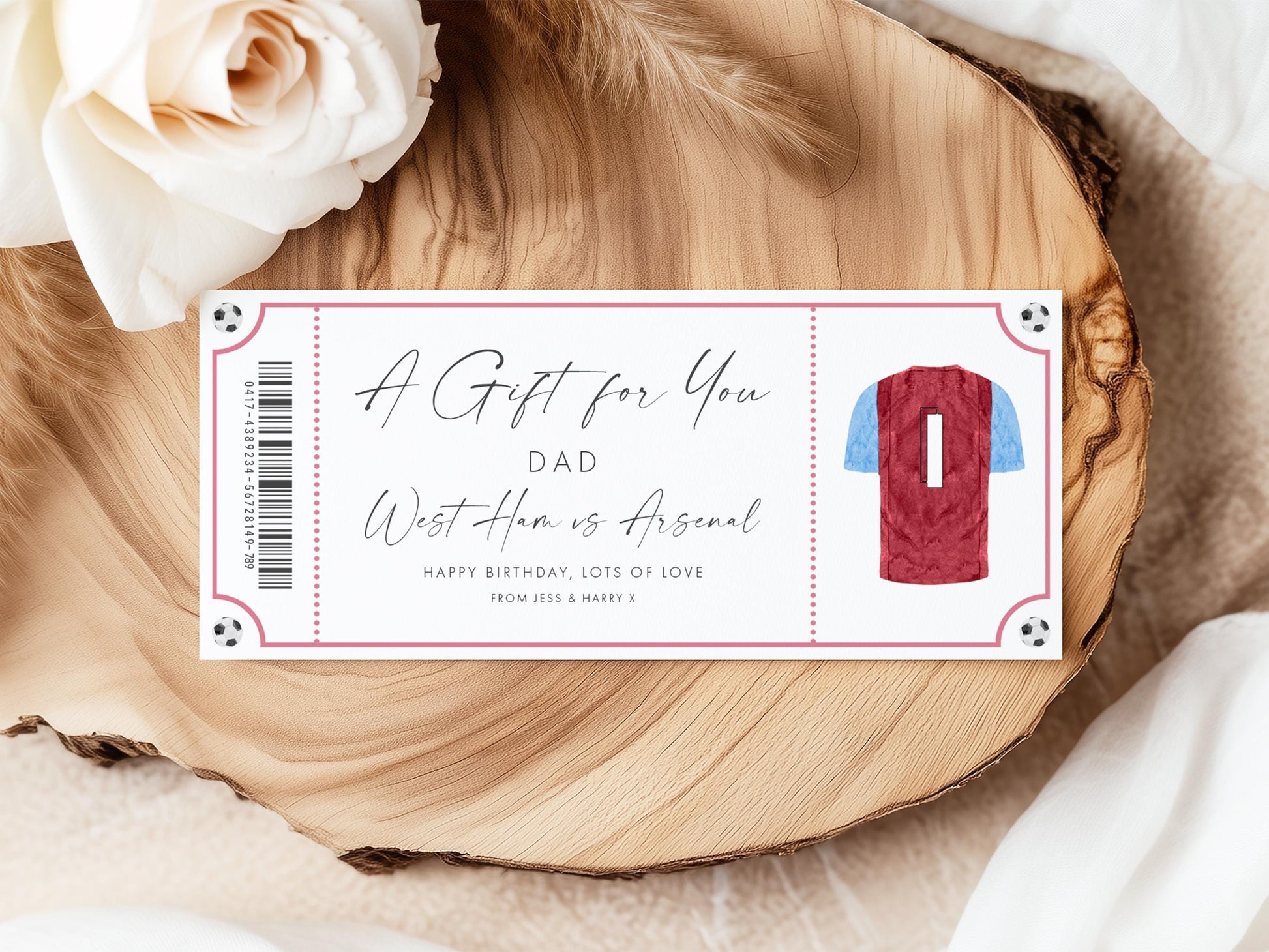 a wooden slice with a red and blue shirt on it