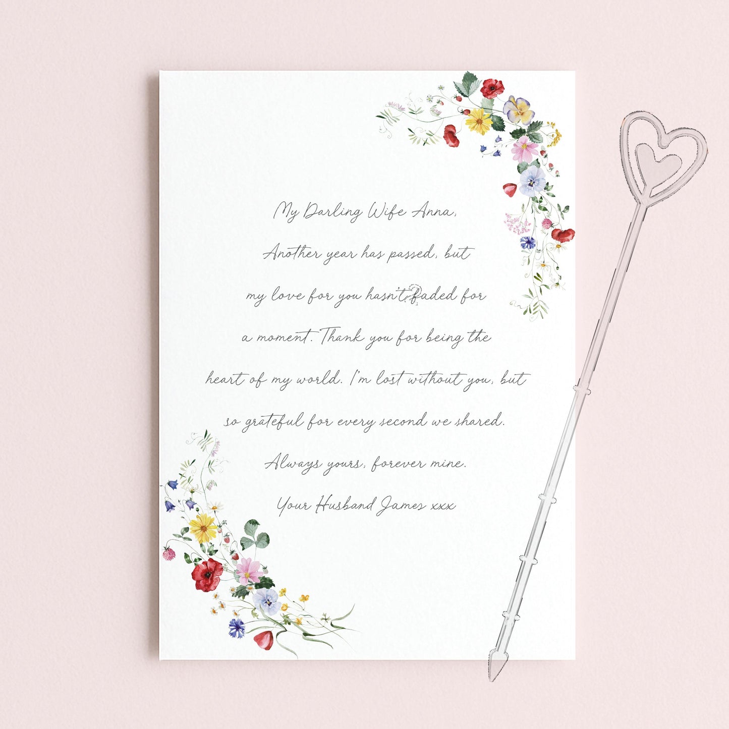 Personalised Wife Wedding Anniversary Memorial Card for Grave, Floral Design