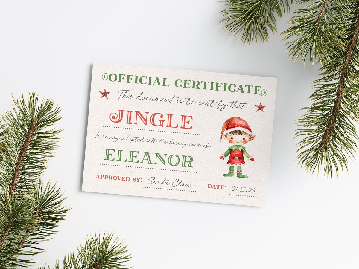 a Christmas-themed certificate with a jingle bell and an illustration of an elf.