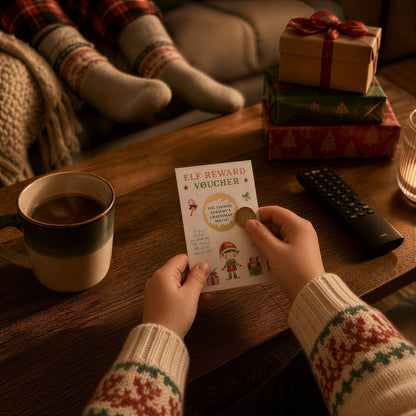 A person's hands holding a Christmas gift card, with a mug of coffee and a remote control nearby, and a stack of wrapped presents on a table.
