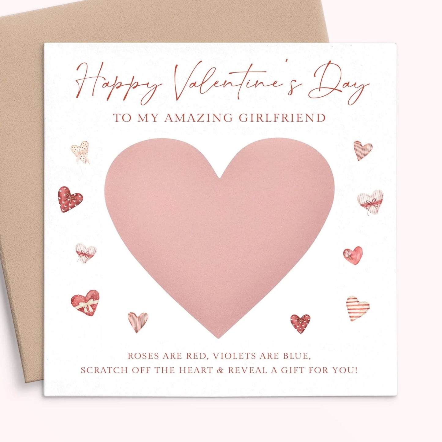 pink scratch off heart valentines card for her personalised matte smooth white cardstock kraft brown envelope square