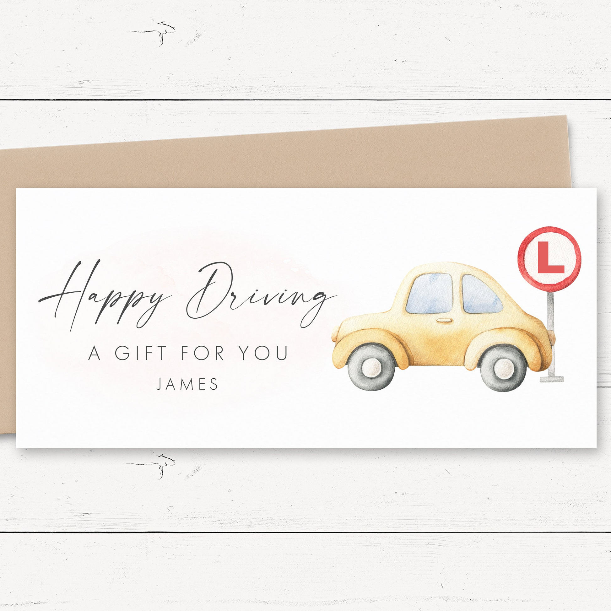 personalised driving lessons money wallet card matte smooth white cardstock kraft brown envelope