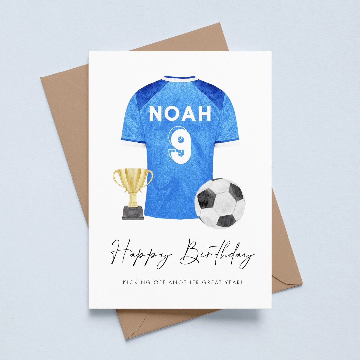 personalised blue and white chelsea everton football shirt birthday card 9 year old boy smooth matte white cardstock kraft brown envelope
