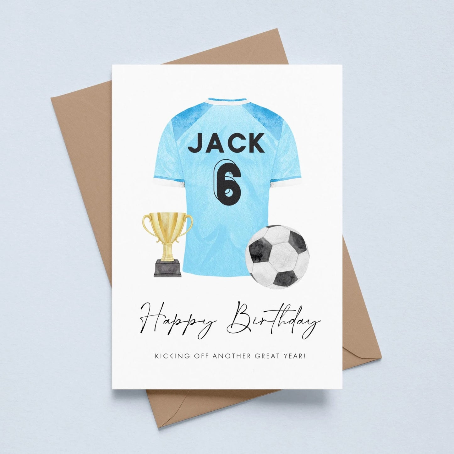 personalised light blue manchester football shirt birthday card 6 year old boy smooth matte white cardstock kraft brown envelope