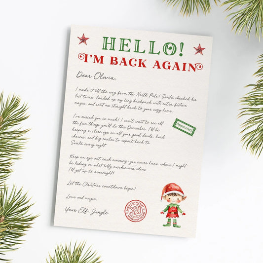 a Christmas-themed letter addressed to "Oliva" and includes a small illustration of an elf.