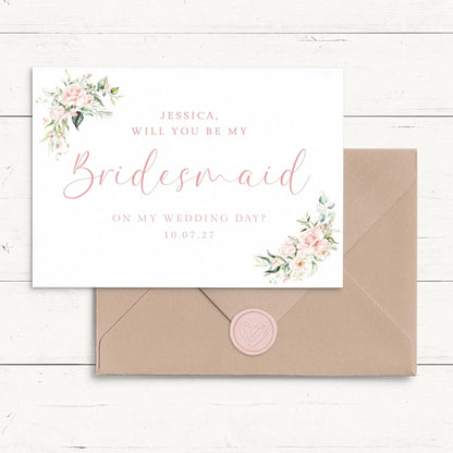 personalised pink floral will you be my bridesmaid proposal cards smooth matte white cardstock kraft brown envelope