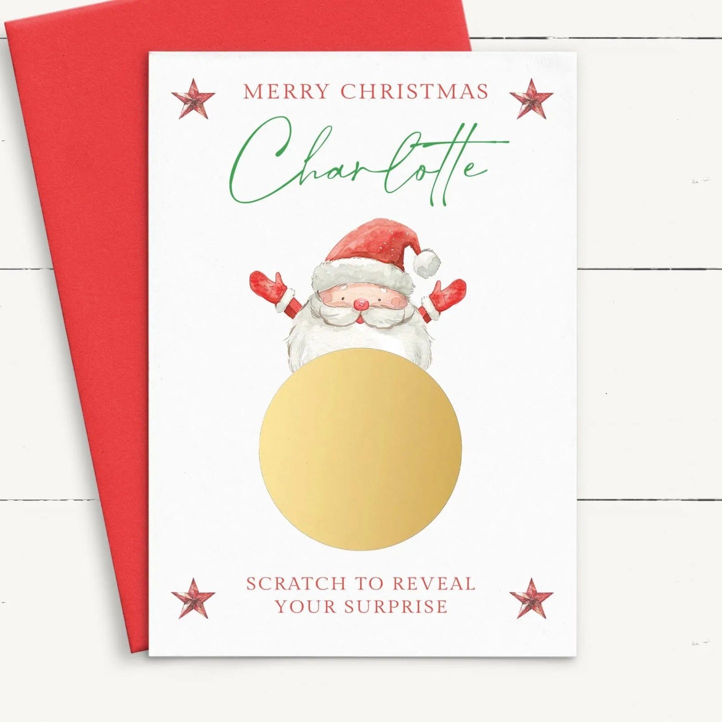 personalised santa claus christmas scratch off card gold circle smooth matte white cardstock A6 size red envelope