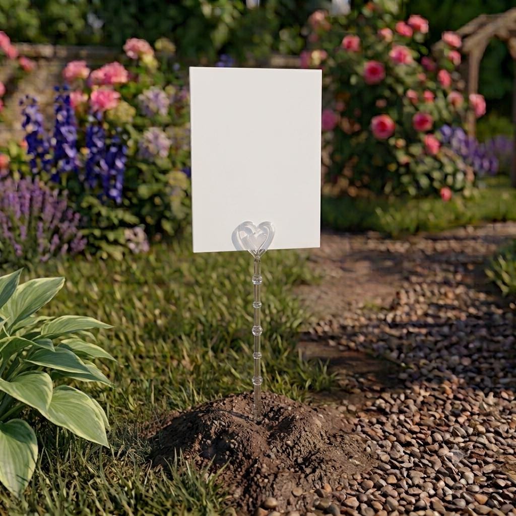 A white sign with a heart-shaped design stands in a garden surrounded by colorful flowers and lush greenery.