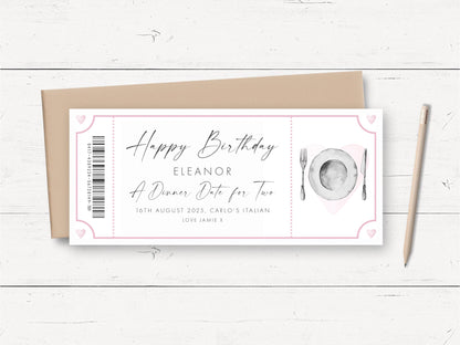 A birthday card with a personalized message for someone named Eleanor, featuring a dinner date for two on the 16th of August, 2005.