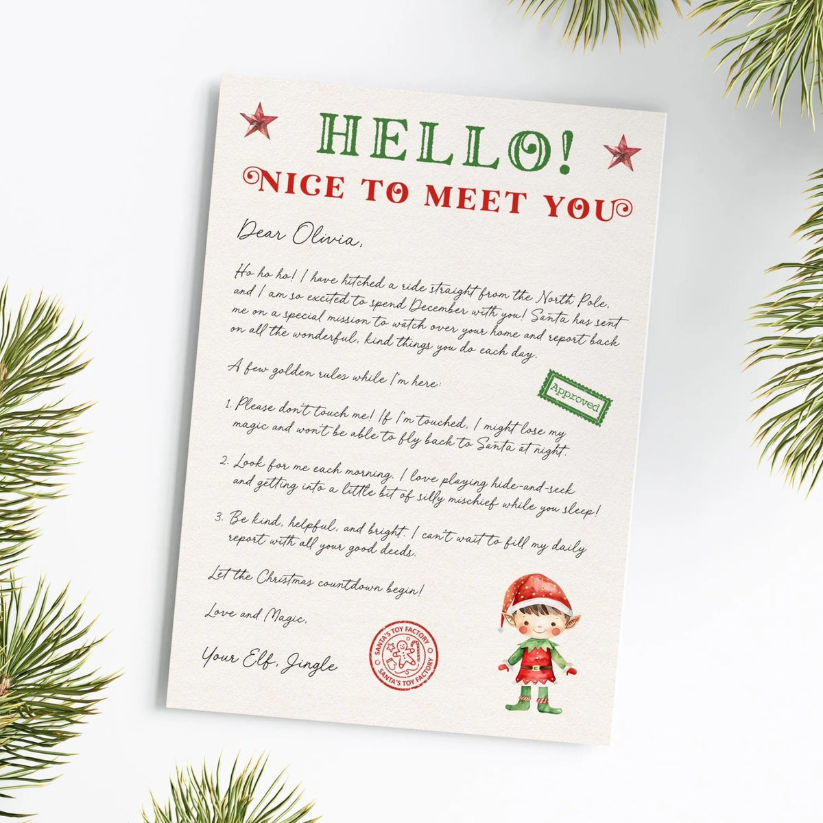 a Christmas-themed letter addressed to "Olivia" and includes a small illustration of Santa Claus.