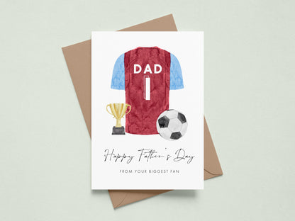 Personalised Father's Day Card Football Theme, Red & White Shirt Design
