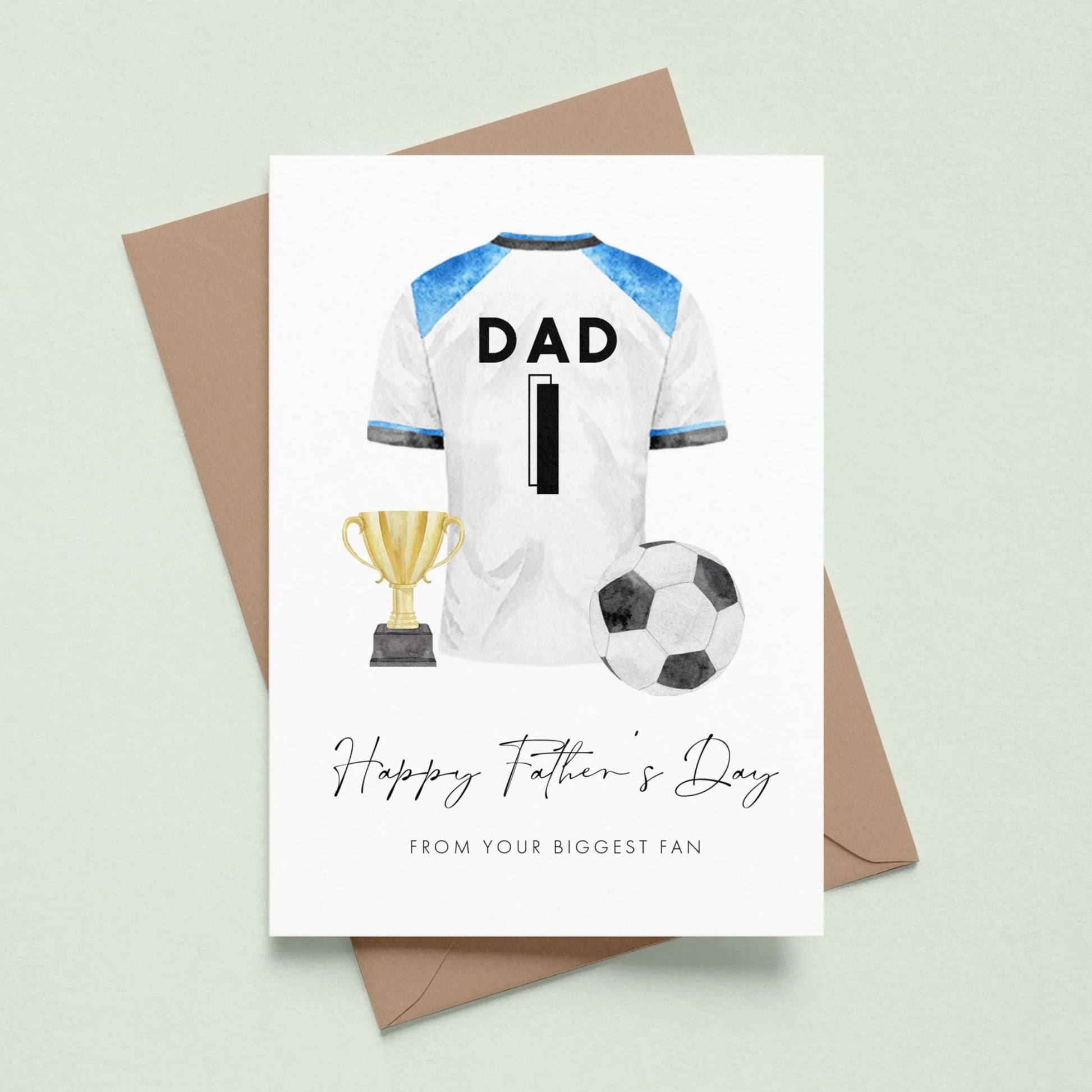 personalised tottenham blue and white football shirt fathers day card smooth matte white cardstock kraft brown envelope