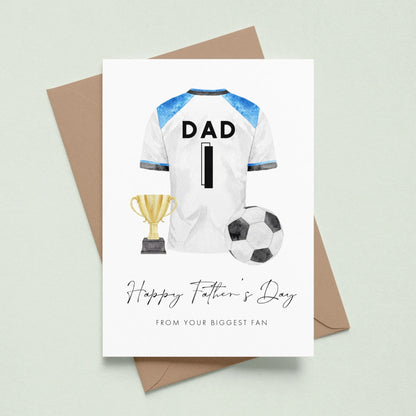 personalised tottenham blue and white football shirt fathers day card smooth matte white cardstock kraft brown envelope