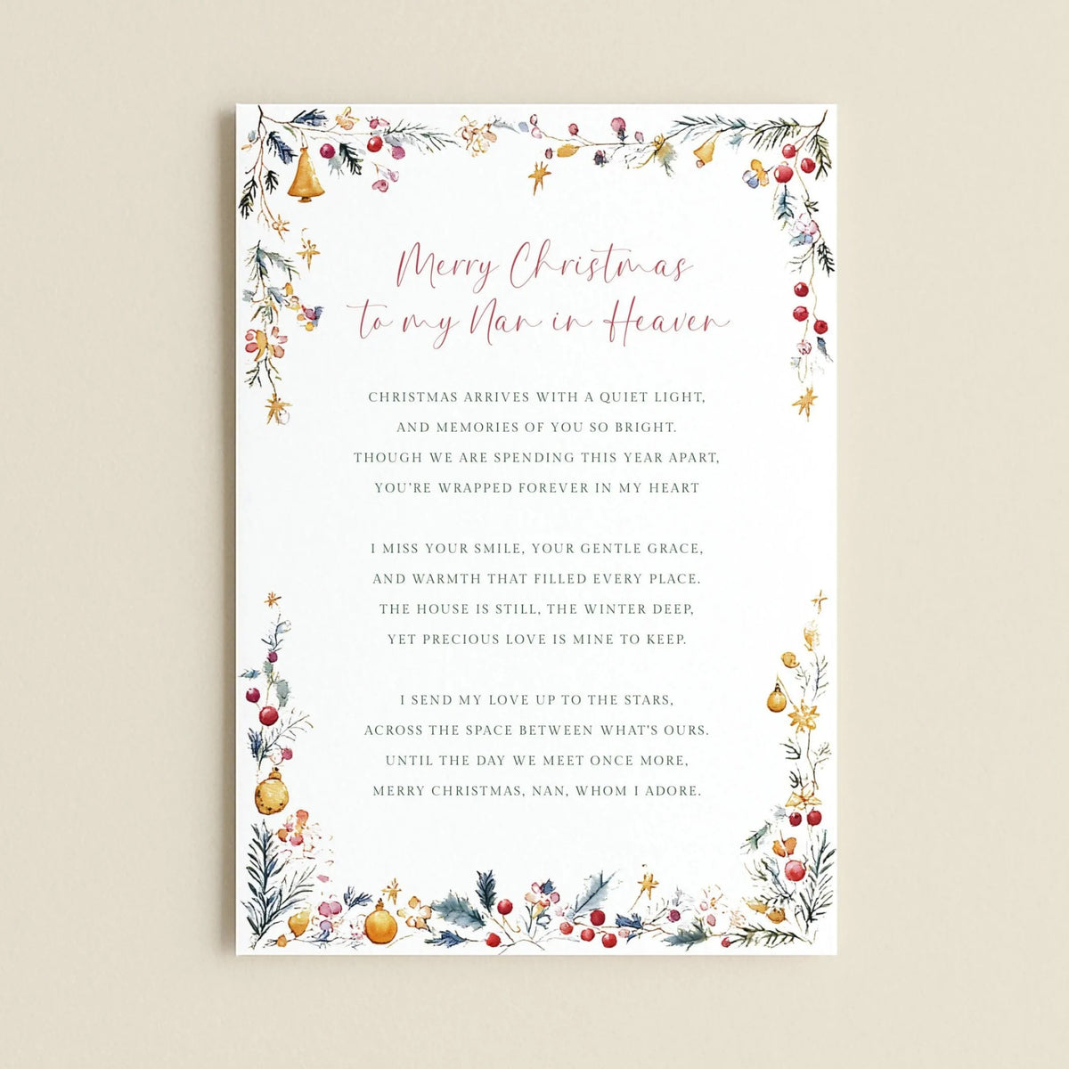 The image is a Christmas-themed greeting card with a floral border and text. The card is white and features a message about Christmas and the love of a man in heaven.
