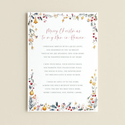 The image is a Christmas-themed greeting card with a floral border and text. The card is white and features a message about Christmas and the love of a man in heaven.