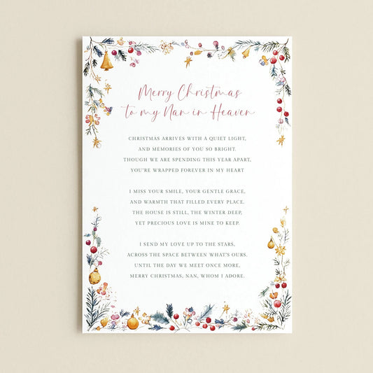 The image is a Christmas-themed greeting card with a floral border and text. The card is white and features a message about Christmas and the love of a man in heaven.