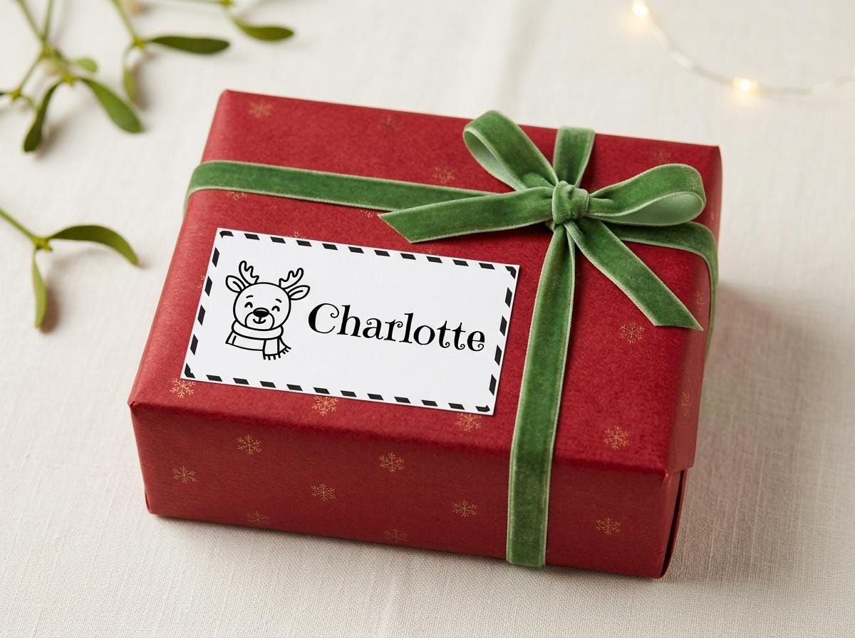 A red gift box with a green ribbon and a label that says "Charlotte" is placed on a white surface, with some greenery in the background.