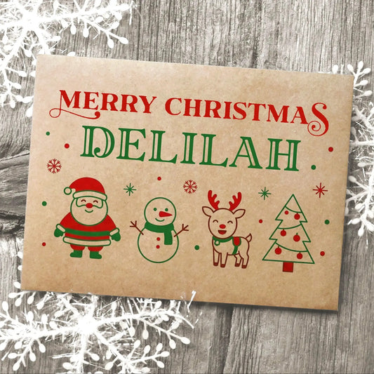 A Christmas card with a Santa Claus, snowman, reindeer, and Christmas tree illustration, along with the text "MERRY CHRISTMAS DELILAH"