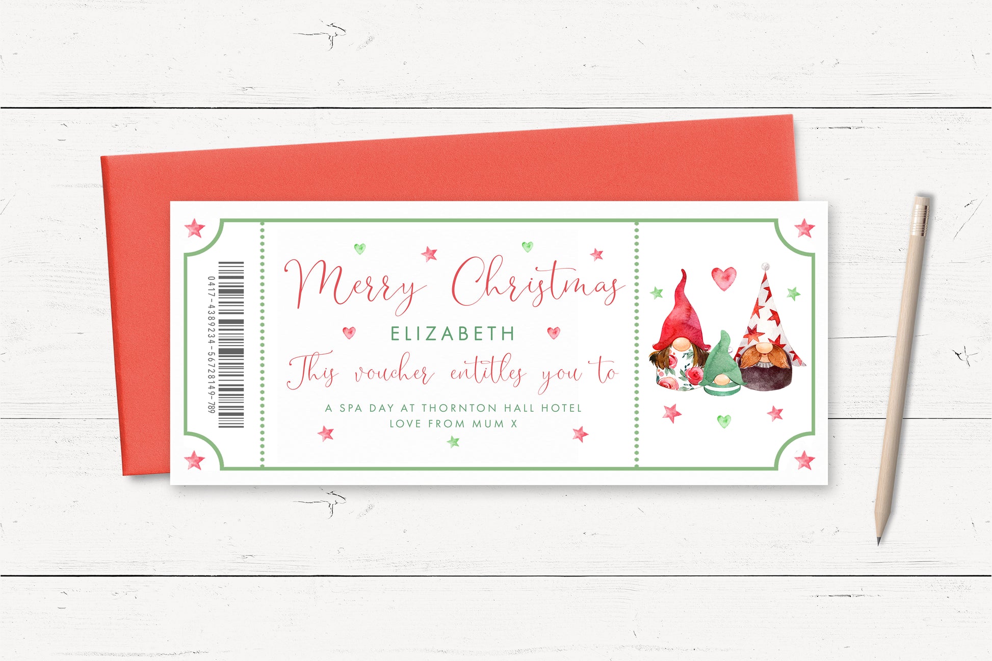 A Christmas-themed gift voucher for Elizabeth, featuring a red envelope and a pencil on a white wooden surface.