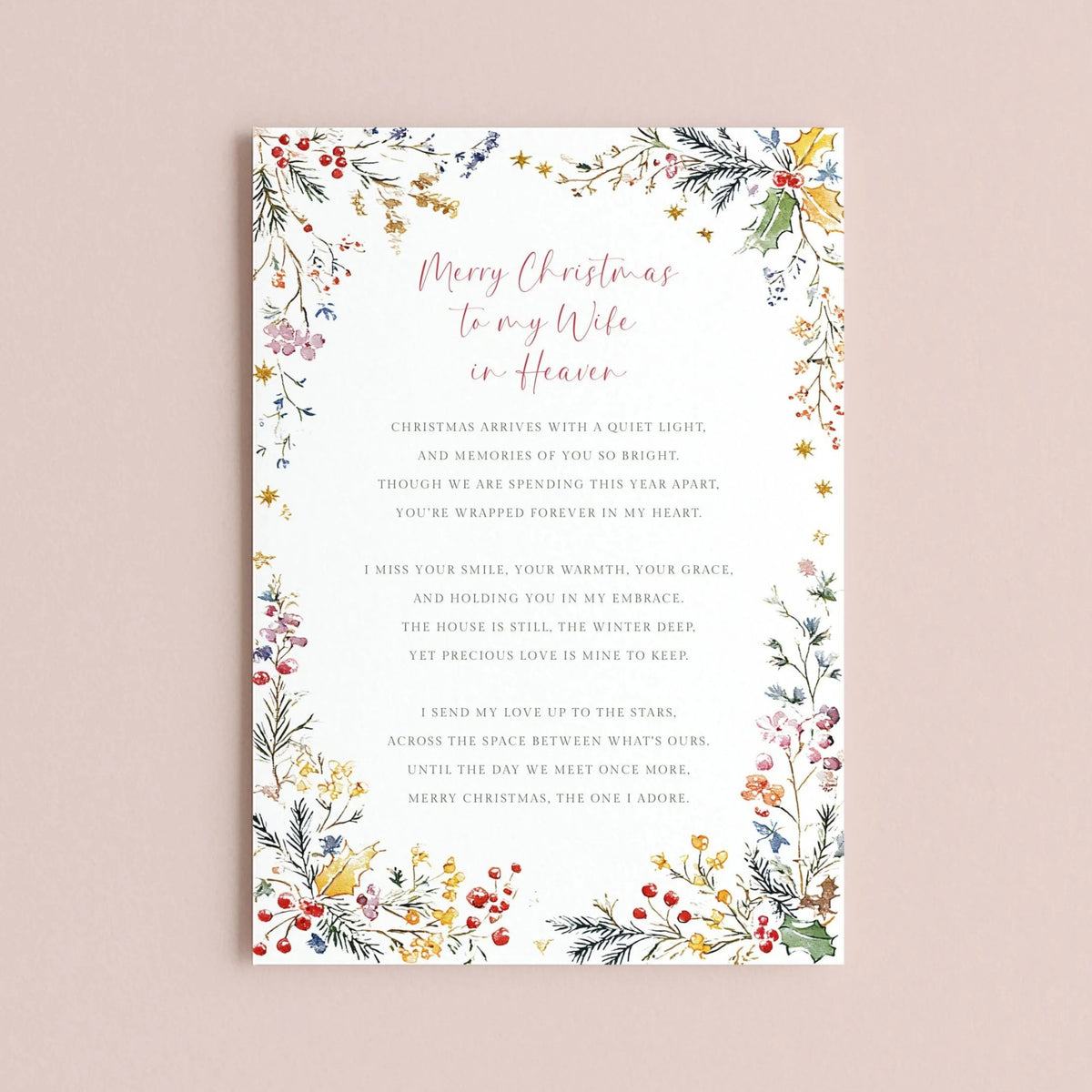 The image is a Christmas card with a floral border and a heartfelt message for a wife in heaven.