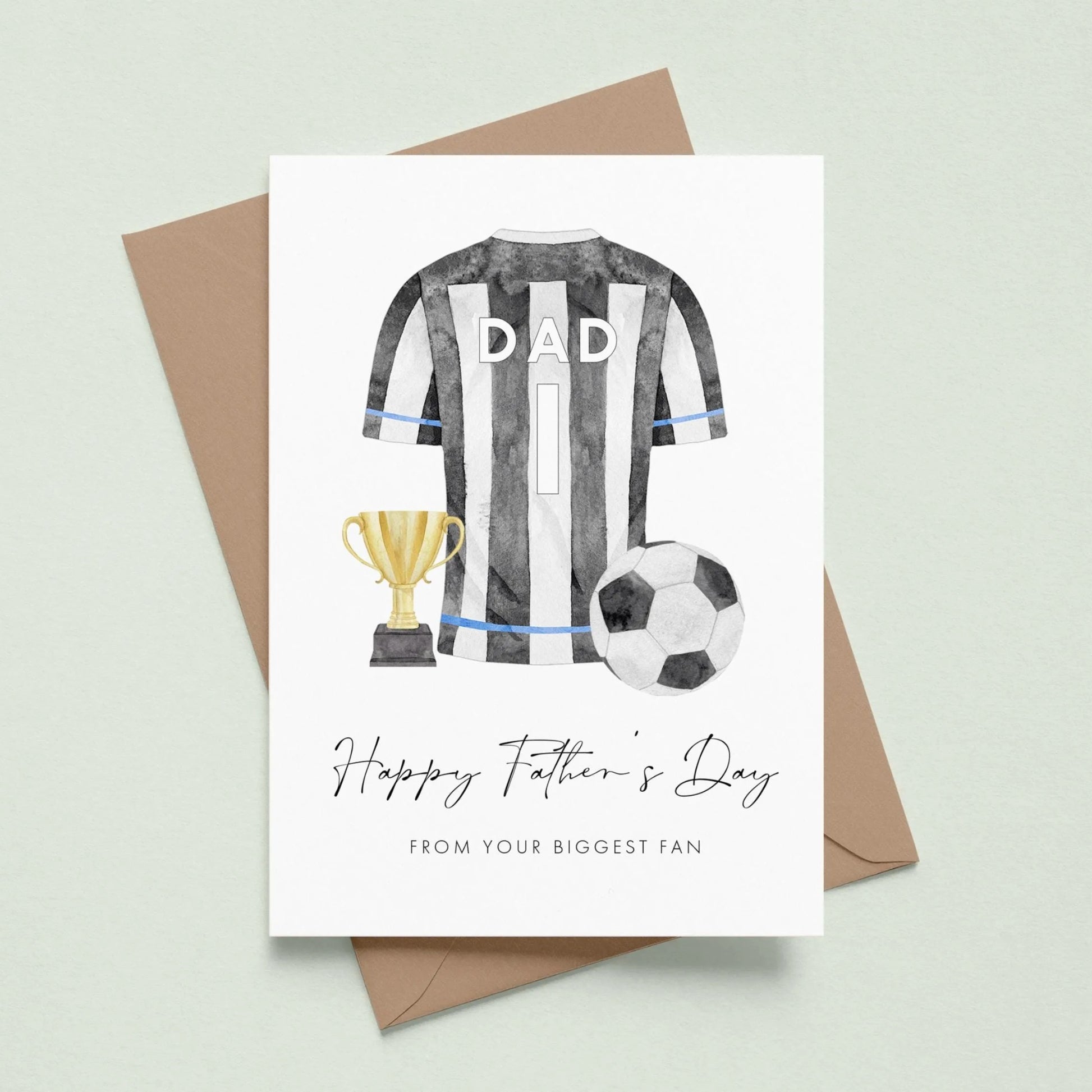 personalised newcastle black and white football shirt fathers day card smooth matte white cardstock kraft brown envelope