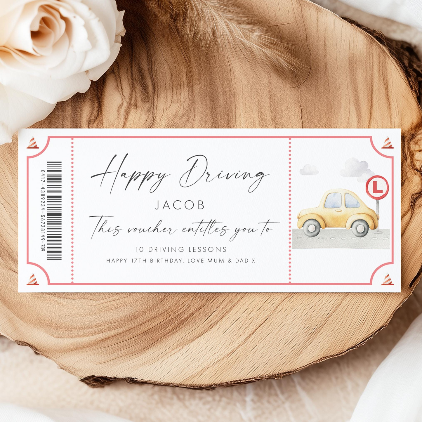 a gift voucher for a driving lesson for Jacob, with a yellow car illustration and a "Happy Driving" message.