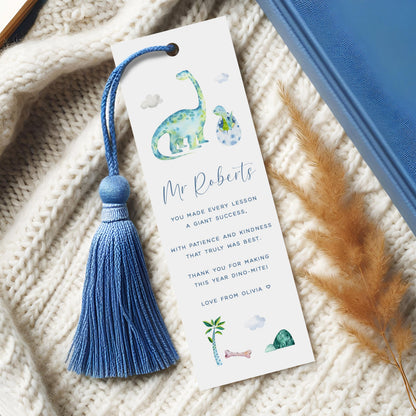 Personalised Teacher Bookmark Gift from Student, Blue Dinosaur Design