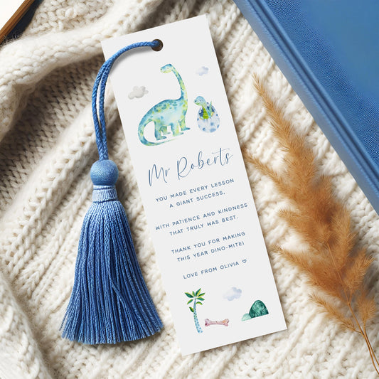 Personalised Teacher Bookmark Gift from Student, Blue Dinosaur Design