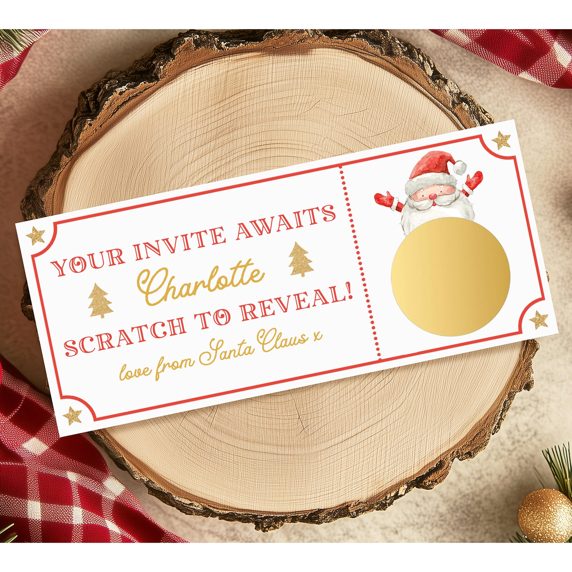 A white scratch card with a red border and a gold Santa Claus illustration, inviting the recipient to reveal their name.