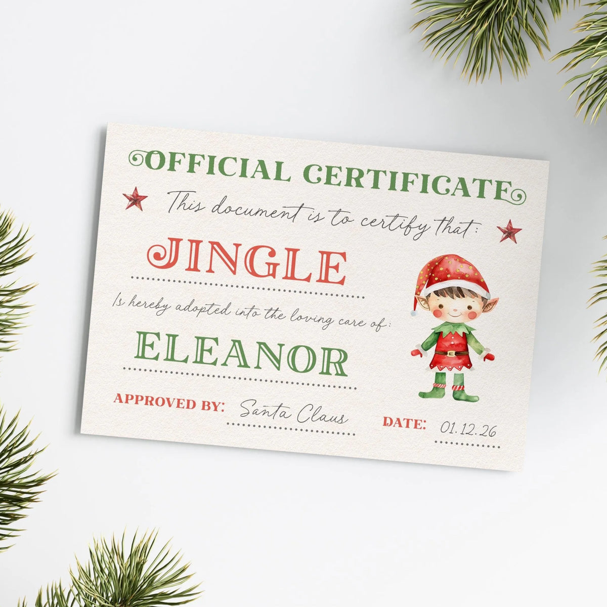 a Christmas-themed certificate with a jingle bell and an illustration of an elf.