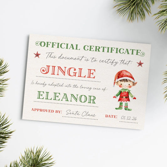 a Christmas-themed certificate with a jingle bell and an illustration of an elf.