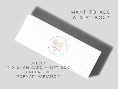 The image is an advertisement for a gift box service, featuring a white rectangular box with a label that reads "Paper Love" and "Select 9 x 21 cm Card + Gift Box Under The 'Format' Variation".