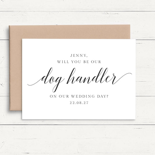 a wedding invitation card with a playful message about a dog handler.
