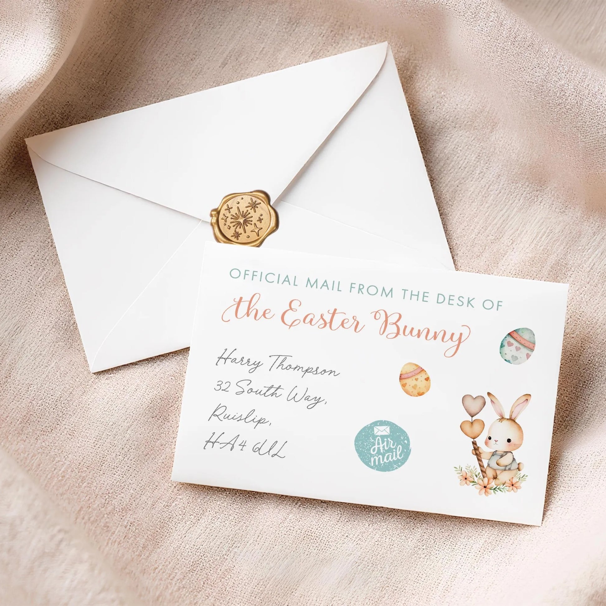 personalised easter bunny money envelope smooth matte white with gold wax seal sticker