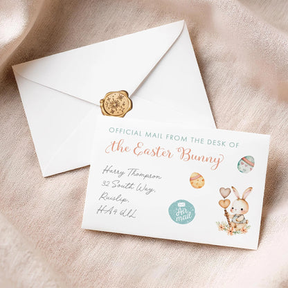 personalised easter bunny money envelope smooth matte white with gold wax seal sticker