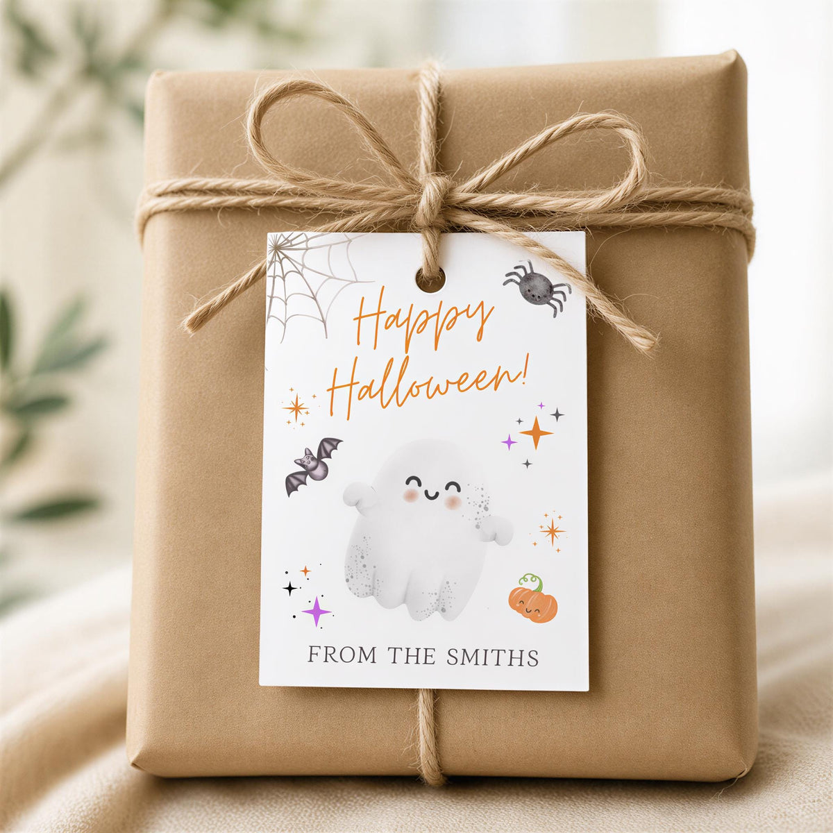 A brown gift box wrapped in brown paper, tied with a brown string, and a white tag attached to it with a bow. The tag has a Halloween-themed design, including a ghost, spider, and pumpkin.