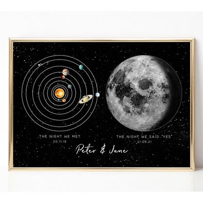 personalised moon and solar system print for couple black smooth matte paperstock unframed