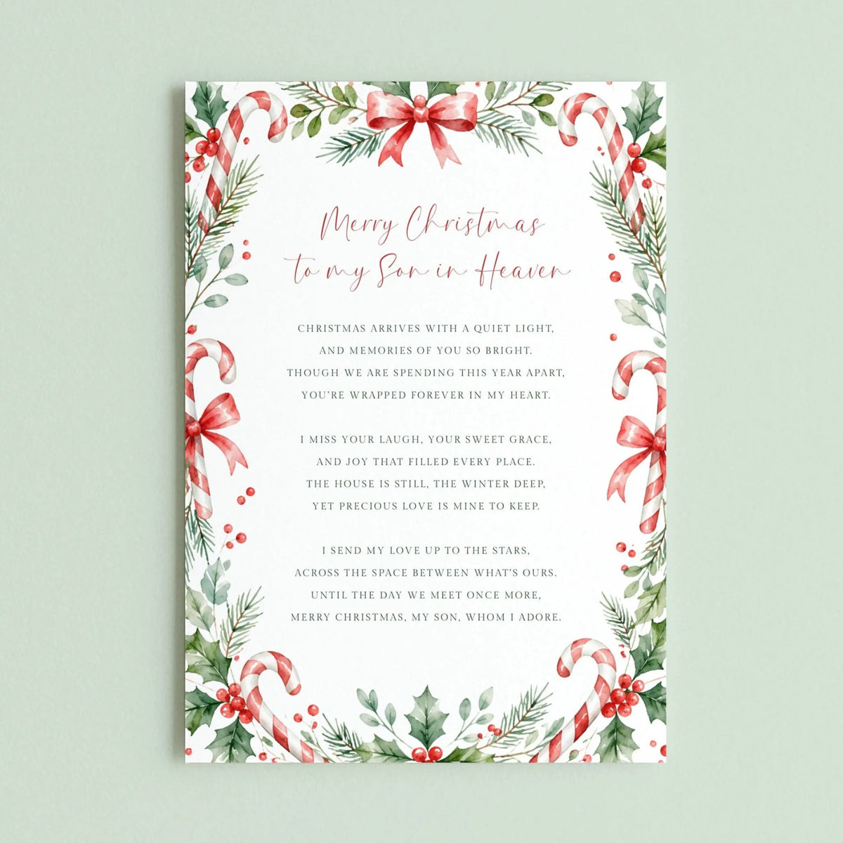 The image is a Christmas card with a floral border and a message about the arrival of Christmas.
