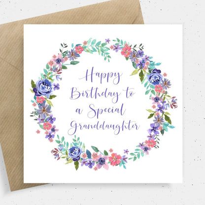 watercolour floral wreath birthday card granddaughter personalised matte white cardstock kraft brown envelope square