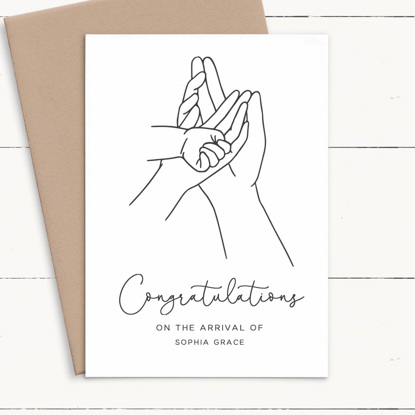 family holding hands new baby line art card personalised matte white smooth cardstock kraft brown envelope
