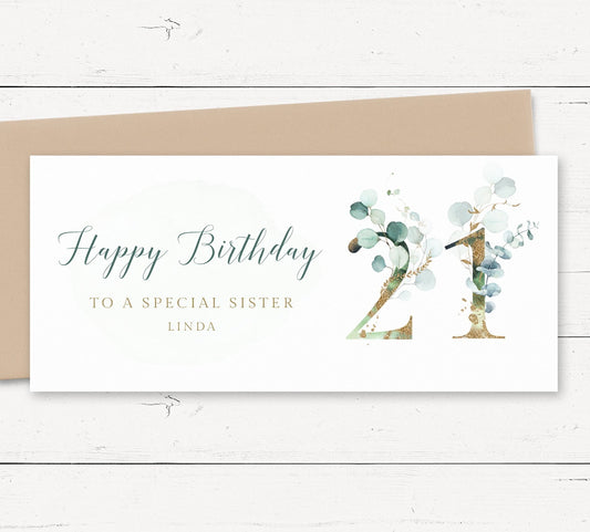 female eucalyptus 21st birthday money wallet card personalised matte white cardstock kraft brown envelope