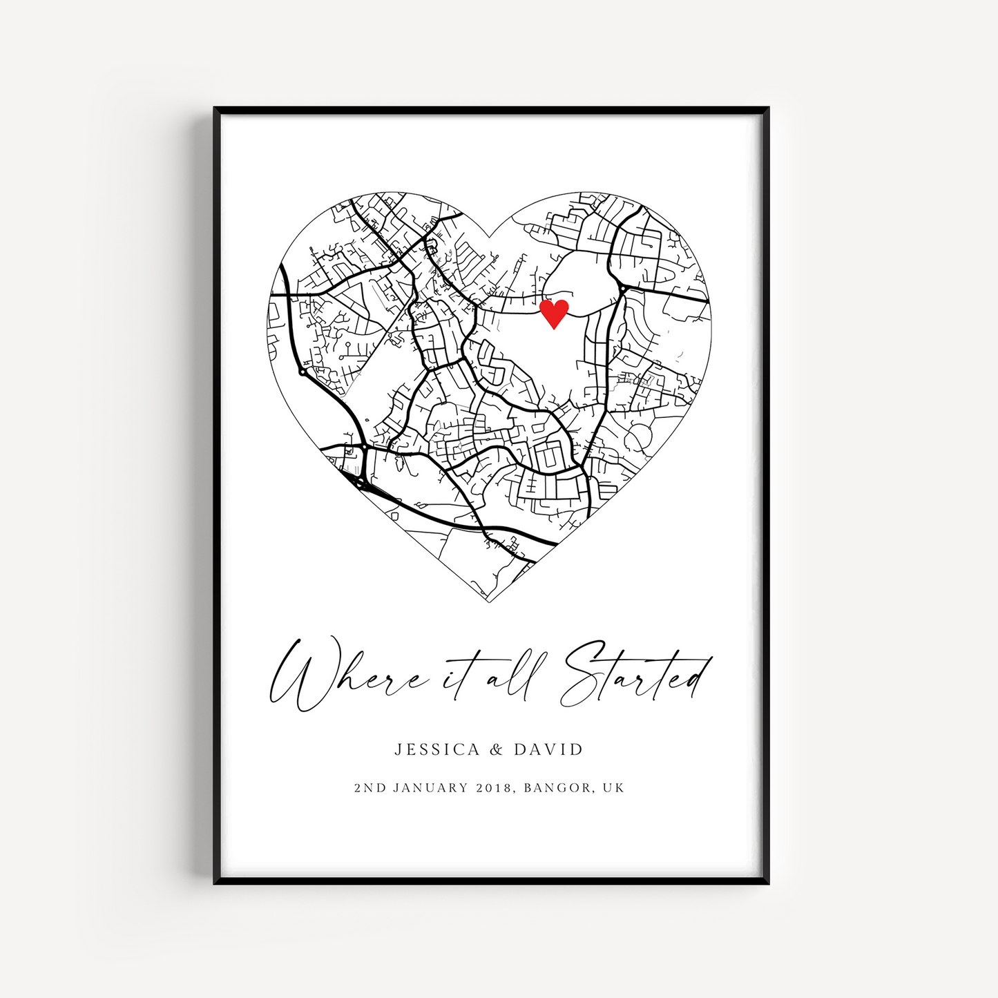black and white heart city map print where it all started personalised matte smooth white paperstock unframed