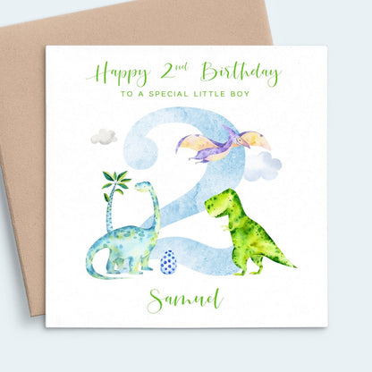 blue watercolour dinosaur 2nd birthday card boy grandson son personalised matte white cardstock kraft brown envelope