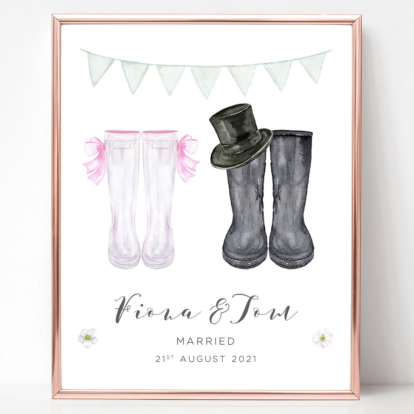 watercolour wellington boots wedding couple print personalised matte smooth white paperstock unframed