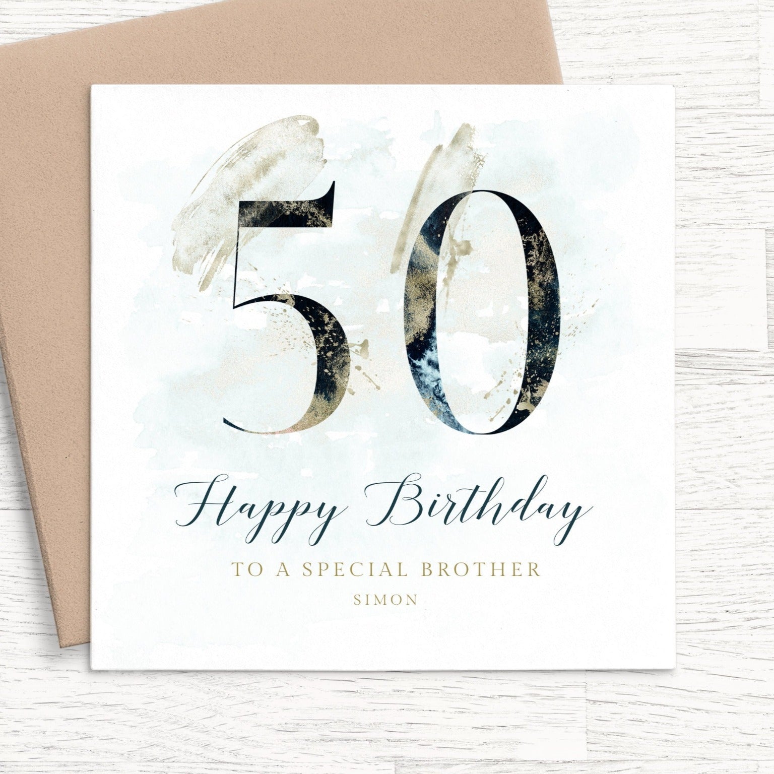 personalised navy 50th birthday card brother smooth matte white cardstock kraft brown envelope