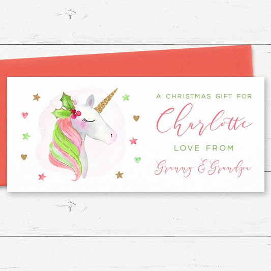 unicorn personalised christmas money holder card red envelope matte white smooth cardstock granddaughter daughter girls