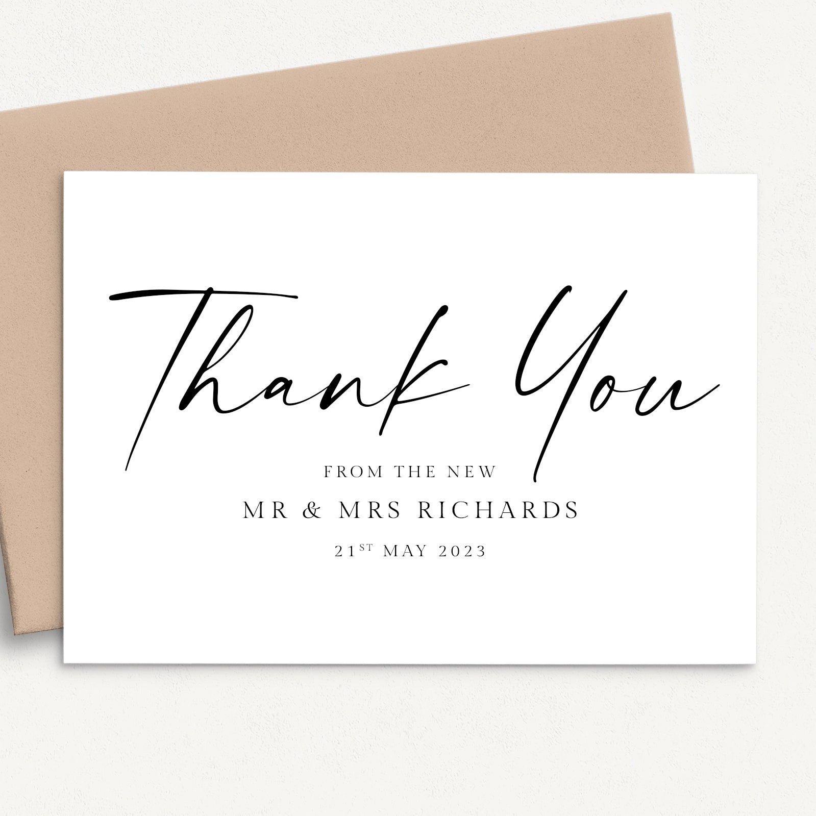 minimalist modern script black white wedding thank you card personalised names date matte white cardstock kraft brown envelope