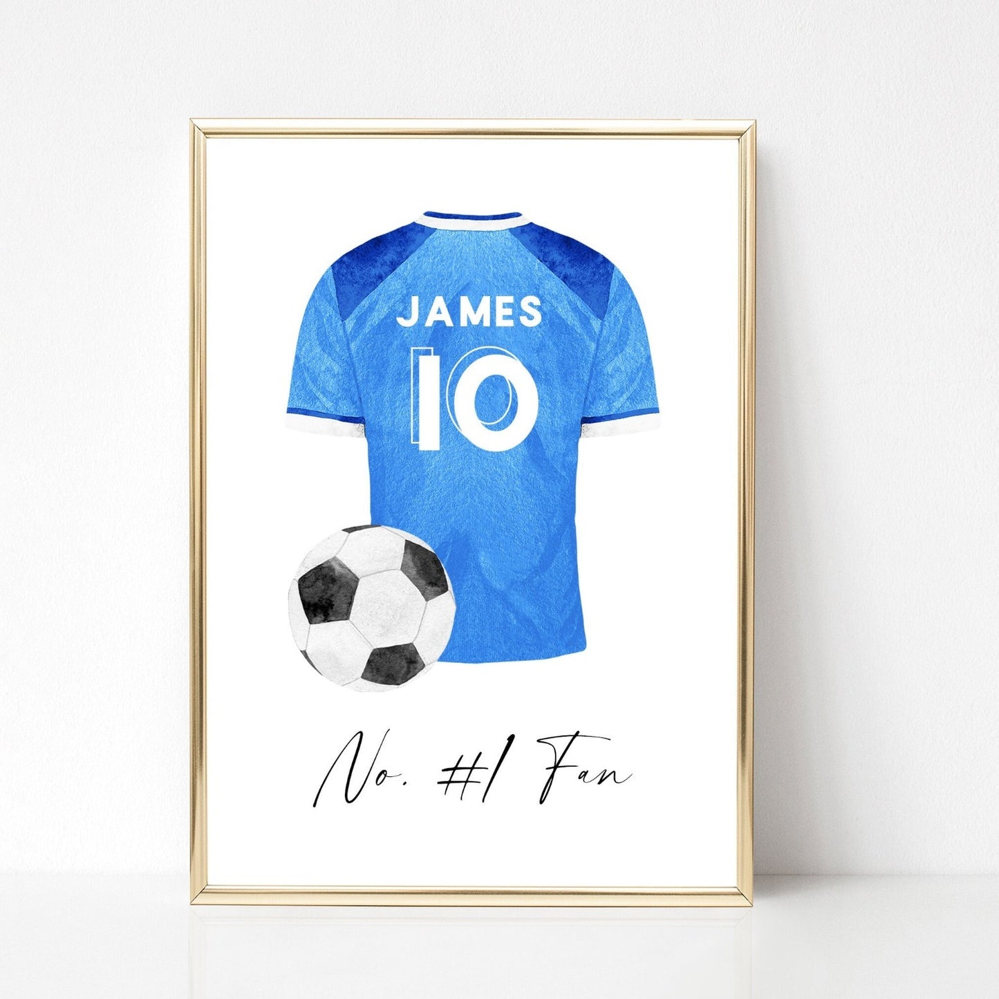 blue football shirt print personalised birthday gift for boys smooth matte white paperstock unframed